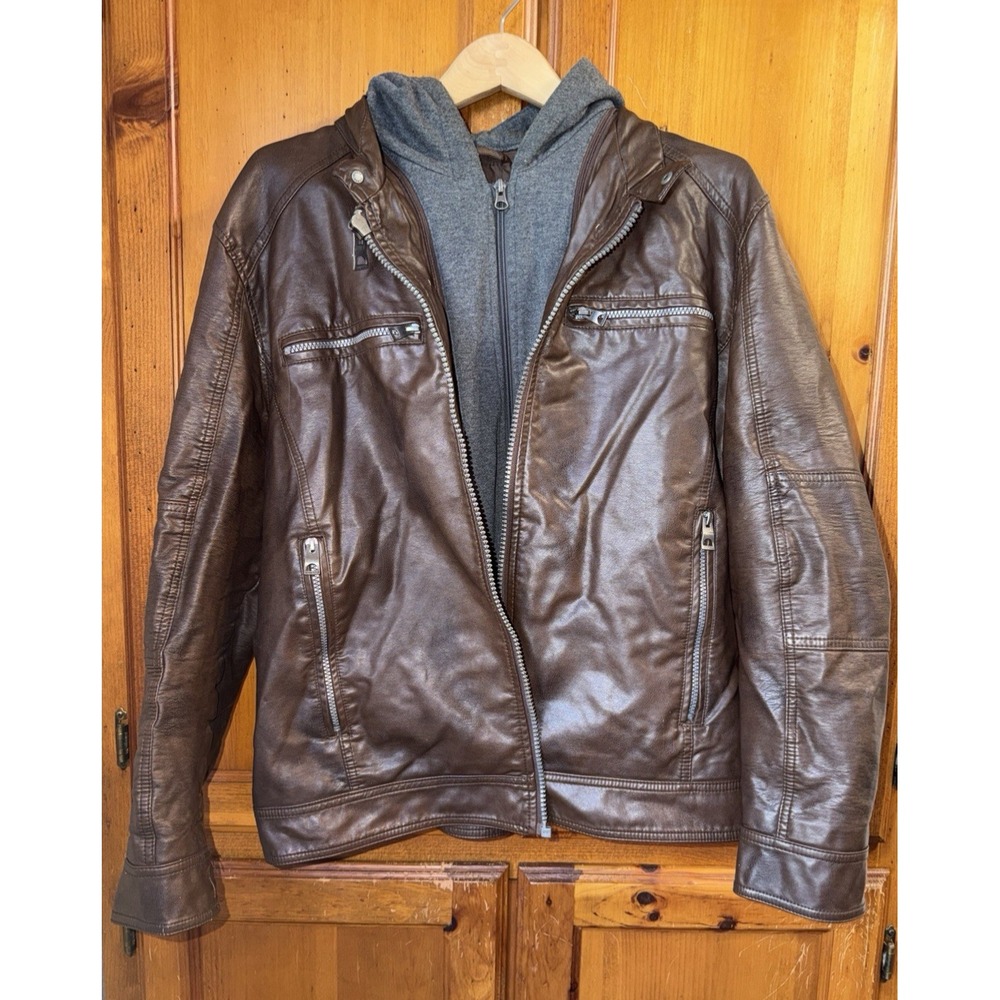 Guess Faux Leather Hooded Moto Jacket Removable Hood Brown Gray Men's XL Zip
